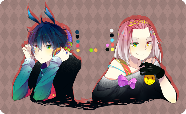 Anime picture 1320x810 with original juupion short hair wide image bare shoulders yellow eyes blue hair pink hair aqua eyes light smile couple multicolored eyes brown background rhombus girl boy gloves bow black gloves headphones