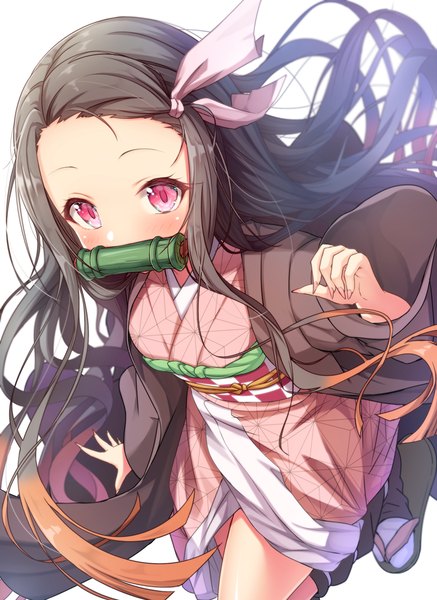 Anime picture 780x1071 with kimetsu no yaiba ufotable kamado nezuko matokechi single tall image looking at viewer blush black hair simple background white background holding payot very long hair nail polish traditional clothes japanese clothes pink eyes multicolored hair fingernails