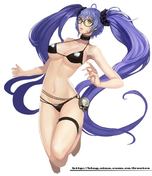 Anime picture 2584x3000 with blade & soul sakusaku (frostce) single tall image fringe highres open mouth light erotic simple background white background twintails green eyes purple hair ahoge very long hair barefoot lips bare belly girl navel