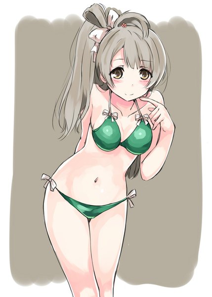 Anime picture 777x1087 with love live! school idol project sunrise (studio) love live! minami kotori asterism single long hair tall image looking at viewer blush breasts light erotic bare shoulders yellow eyes ponytail light smile grey hair bare belly girl navel