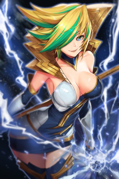 Anime picture 650x975 with league of legends lux (league of legends) elementalist lux storm elementalist lux goomrrat single tall image looking at viewer fringe short hair breasts blue eyes light erotic blonde hair smile large breasts cleavage multicolored hair green hair from above