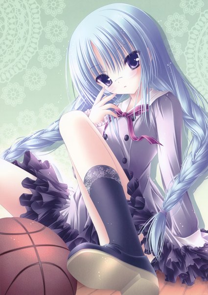 Anime picture 2716x3838 with ro-kyu-bu! project no.9 nagatsuka saki tinker bell single long hair tall image highres purple eyes blue hair braid (braids) loli twin braids girl dress glasses ball basketball ball