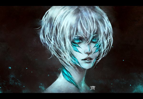 Anime picture 1300x900 with original nanfe single looking at viewer short hair open mouth blue eyes signed white hair lips realistic teeth tattoo dark background letterboxed white skin cat eyes 2014 girl