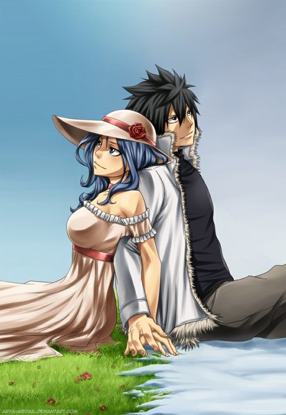 Anime picture 700x1017 with fairy tail gray fullbuster juvia lockser arya-aiedail long hair tall image blush short hair black hair smile bare shoulders blue hair sky black eyes couple holding hands winter snow summer back to back