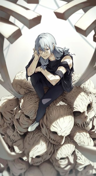 Anime picture 1797x3288 with jujutsu kaisen mappa mahito (jujutsu kaisen) air (ai r ) single long hair tall image fringe highres hair between eyes sitting full body from above grey hair heterochromia head rest boy skull stitches