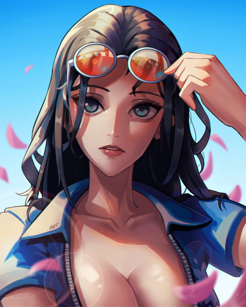 Anime picture 2400x3000 with one piece toei animation nico robin bet single long hair tall image fringe highres breasts blue eyes light erotic black hair large breasts signed sky cleavage upper body outdoors parted lips