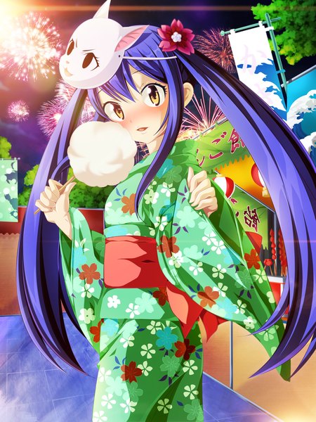Anime picture 3600x4800 with fairy tail wendy marvell salim202 single long hair tall image blush highres open mouth smile twintails brown eyes blue hair absurdres traditional clothes japanese clothes looking back hair flower night loli