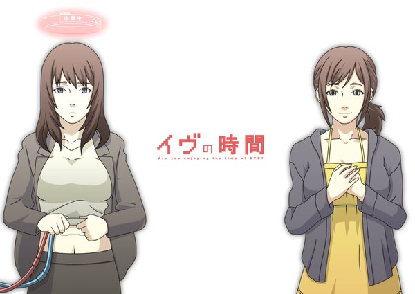 Anime picture 1464x1037 with eve no jikan sammy (eve no jikan) joy (artist) long hair looking at viewer breasts brown hair large breasts standing white background multiple girls ponytail official art bare belly grey eyes side ponytail hieroglyph crossed arms shirt lift girl