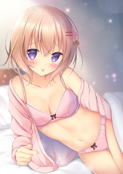 Anime picture 700x990 with gochuumon wa usagi desu ka? white fox hoto cocoa shibainu niki single tall image looking at viewer blush fringe short hair light erotic hair between eyes brown hair purple eyes bare shoulders fingernails off shoulder open clothes reclining :p