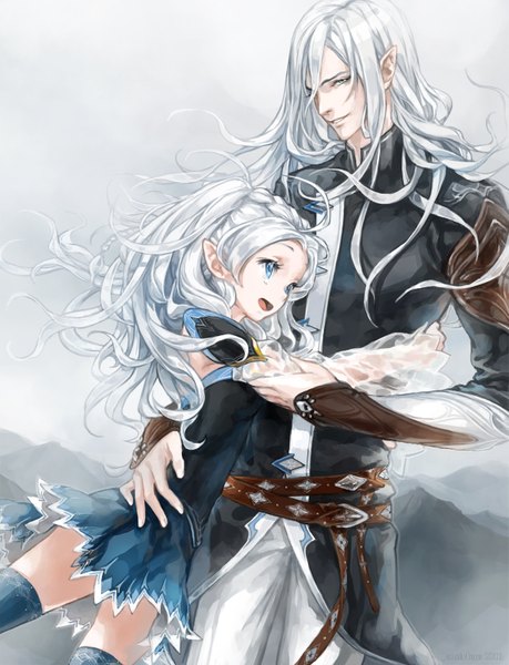 Anime picture 1225x1600 with original jane mere long hair tall image open mouth blue eyes smile green eyes silver hair pointy ears hug elf girl dress boy