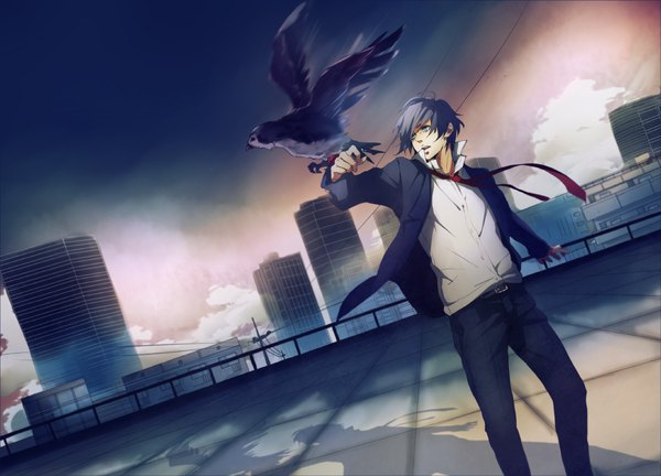 Anime picture 1200x865 with saito yukihiro short hair open mouth blue eyes sky cloud (clouds) wind grey hair shadow boy animal necktie belt bird (birds) building (buildings) suit wire (wires) roof