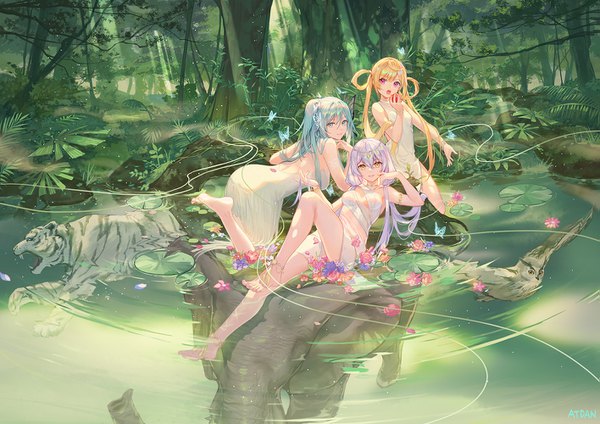 Anime picture 1415x1000 with vocaloid synthesizer v xingchen cangqiong shian (synthesizer v) atdan long hair looking at viewer fringe light erotic blonde hair smile hair between eyes twintails multiple girls holding signed yellow eyes silver hair full body