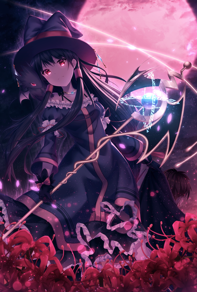 Anime picture 841x1243 with original kyouou ena long hair tall image looking at viewer fringe black hair red eyes sitting holding head tilt night night sky magic glowing glowing eye (eyes) fantasy witch blood on face sitting on person