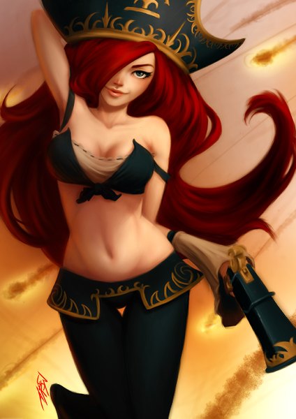 Anime picture 850x1203 with league of legends miss fortune (league of legends) rafaarsen single long hair tall image looking at viewer fringe breasts blue eyes light erotic bare shoulders signed red hair lips hair over one eye bare belly armpit (armpits) midriff arm behind head