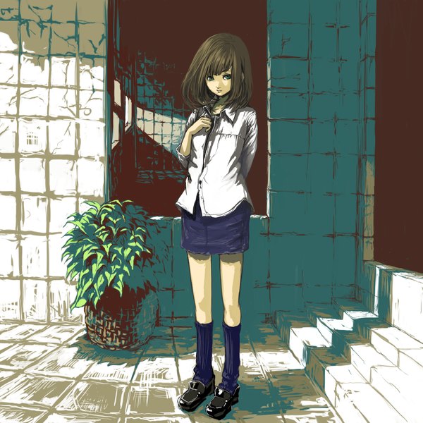 Anime picture 1299x1299 with original tsubu mikan single looking at viewer fringe short hair brown hair green eyes hand on chest hands behind back checkered floor girl skirt plant (plants) shirt socks stairs gaiters