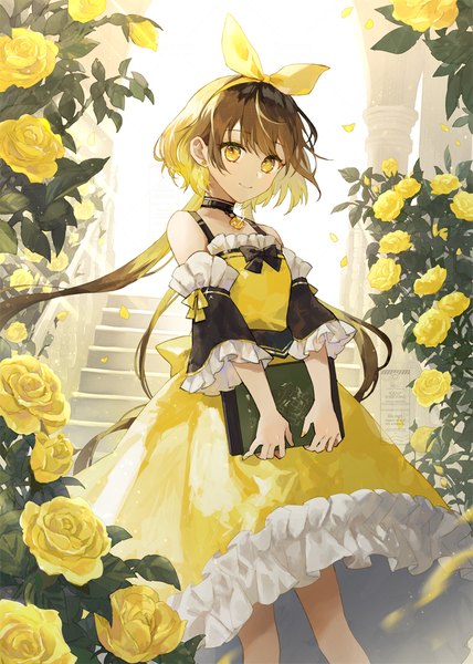 Anime picture 800x1122 with original shiromine kana single long hair tall image looking at viewer fringe smile brown hair holding yellow eyes girl dress flower (flowers) ribbon (ribbons) hair ribbon detached sleeves petals frills rose (roses)
