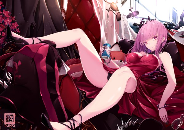 Anime-Bild 1280x905 mit virtual youtuber hololive hololive english mori calliope nekomimipunks single long hair looking at viewer fringe breasts light erotic large breasts holding signed payot pink hair full body bent knee (knees) lying blunt bangs