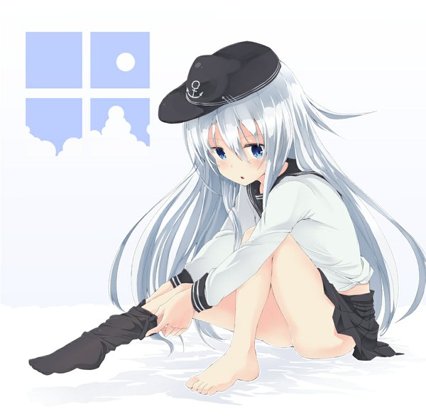 Anime picture 1016x1000 with kantai collection hibiki destroyer noa (nagareboshi) single long hair looking at viewer blush fringe open mouth blue eyes light erotic simple background white background sitting silver hair bent knee (knees) pleated skirt barefoot bare legs no shoes