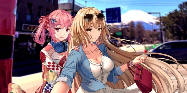 Anime picture 2160x1080 with fate (series) fate/grand order jeanne d'arc (fate) (all) jeanne d'arc (fate) dylannn long hair looking at viewer fringe highres breasts open mouth light erotic blonde hair wide image multiple girls yellow eyes payot pink hair upper body nail polish