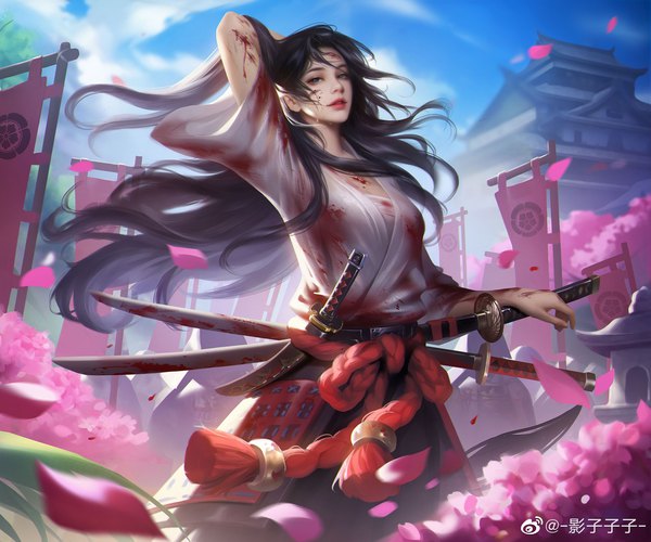 Anime picture 2880x2400 with sengoku fubu kaihime ying zi zi zi single long hair looking at viewer fringe highres black hair signed sky cloud (clouds) outdoors parted lips arm up realistic watermark arm behind head sheathed blood on face