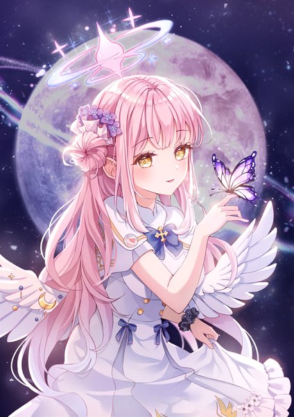 Anime picture 2480x3507 with blue archive mika (blue archive) caron single long hair tall image looking at viewer blush fringe highres smile yellow eyes pink hair blunt bangs night night sky white wings wrist scrunchie butterfly on hand girl