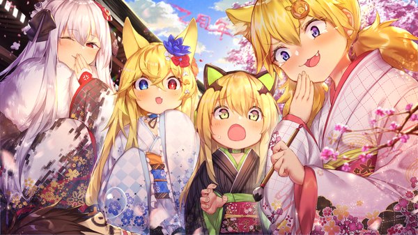 Anime picture 1920x1080 with girls frontline kar98k (girls frontline) g41 (girls frontline) tmp (girls frontline) idw (girls frontline) commander (girls frontline) shennai misha long hair looking at viewer blush fringe highres blue eyes blonde hair smile hair between eyes red eyes brown hair wide image multiple girls