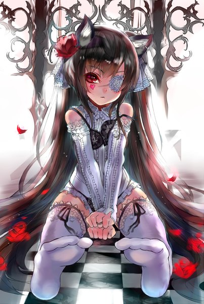 Anime picture 777x1157 with original unkq single tall image looking at viewer blush fringe black hair red eyes sitting twintails animal ears very long hair head tilt hair flower cat ears no shoes facial mark strap slip checkered floor