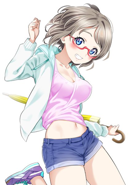 Anime picture 862x1213 with love live! sunshine!! sunrise (studio) love live! watanabe you rozen5 single tall image looking at viewer blush short hair breasts blue eyes light erotic simple background smile white background holding cleavage grey hair open jacket