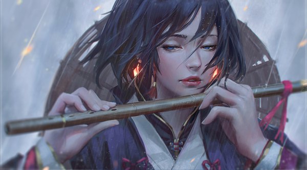 Anime-Bild 1440x800 mit original guweiz single short hair blue eyes black hair wide image holding looking away upper body traditional clothes parted lips fingernails wind lips blurry realistic lipstick glowing looking down