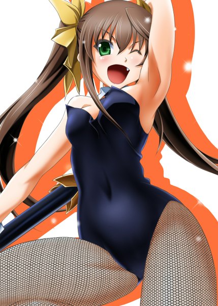 Anime picture 1036x1450 with infinite stratos 8bit fang linyin sumeragi tomo single long hair tall image blush open mouth light erotic brown hair twintails green eyes one eye closed wink teeth fang (fangs) girl bunnysuit