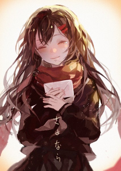 Anime picture 1240x1748 with kagerou project shaft (studio) tateyama ayano koaoto single long hair tall image fringe simple background brown hair standing white background holding upper body eyes closed long sleeves head tilt light smile tears text