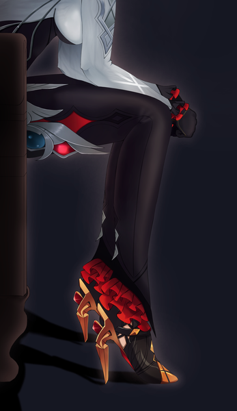 Anime picture 2126x3680 with genshin impact arlecchino (genshin impact) sylux single tall image highres breasts simple background sitting shadow high heels legs black background head out of frame girl gloves black gloves shoes