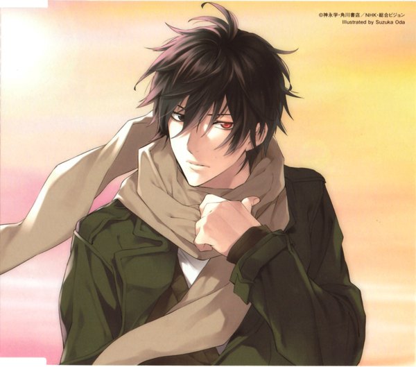 Anime picture 1617x1428 with shinrei tantei yakumo saitou yakumo suzuka oda single short hair black hair simple background heterochromia yellow background boy jacket scarf