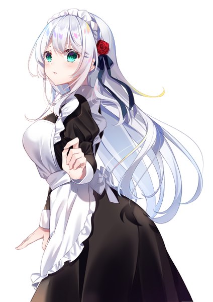 Anime picture 1894x2679 with original kisaragi yuri single long hair tall image looking at viewer blush fringe highres simple background hair between eyes white background green eyes silver hair long sleeves hair flower maid puffy sleeves girl dress