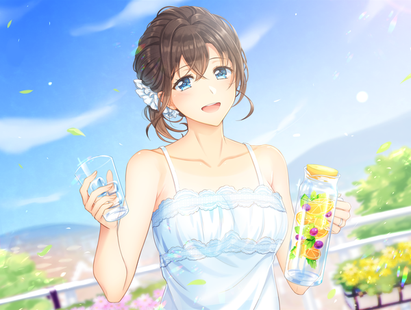 Anime picture 1200x906 with original mono lith single looking at viewer blush fringe short hair open mouth blue eyes smile hair between eyes brown hair bare shoulders holding sky cloud (clouds) upper body outdoors :d girl