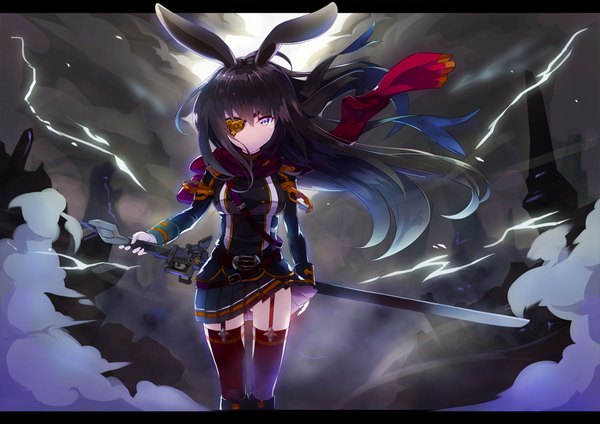 Anime-Bild 2339x1654 mit original rin falcon single long hair looking at viewer highres breasts blue eyes black hair large breasts holding animal ears cloud (clouds) pleated skirt one eye closed wind sunlight night bunny girl framed