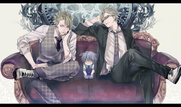 Anime picture 1200x711 with dramatical murder nitro+chiral aoba (dmmd) trip (dramatical murder) virus (dramatical murder) megane hoata short hair blonde hair wide image sitting green eyes blue hair light smile multiple boys head rest plaid boy earrings shirt glasses