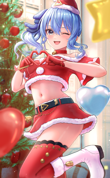 Anime picture 2615x4235 with virtual youtuber hololive hoshimachi suisei wajuniorbox single long hair tall image looking at viewer blush fringe highres open mouth blue eyes light erotic smile hair between eyes blue hair bent knee (knees) one eye closed wink