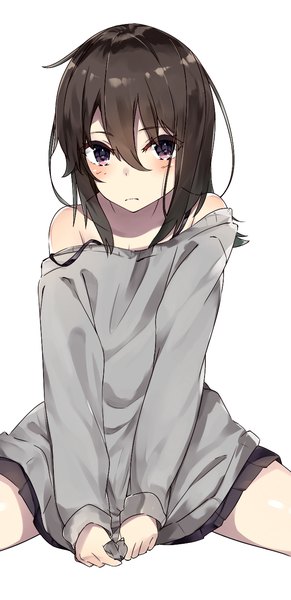 Anime picture 670x1377 with original seki (l0410706268) single long hair tall image fringe black hair simple background hair between eyes white background sitting purple eyes bare shoulders ahoge off shoulder spread legs girl sweater