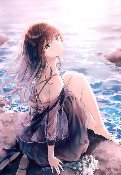 Anime picture 2406x3464 with original hiten (hitenkei) single long hair tall image looking at viewer fringe highres breasts brown hair sitting bare shoulders green eyes payot full body bent knee (knees) outdoors long sleeves head tilt barefoot