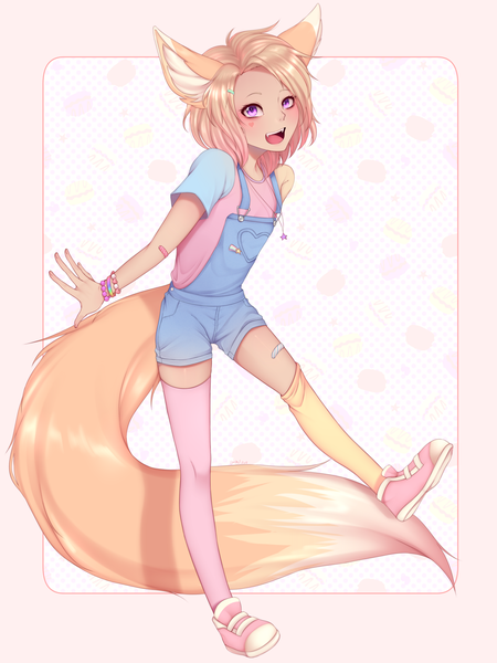 Anime picture 3000x4000 with original pastel-puke single tall image looking at viewer blush highres short hair open mouth simple background blonde hair smile standing purple eyes animal ears full body tail :d animal tail fang (fangs)