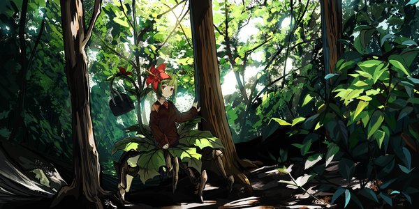 Anime picture 3000x1500 with original natori youkai single looking at viewer blush fringe highres short hair red eyes wide image standing holding full body outdoors hair flower green hair sunlight sleeves past wrists monster girl plant girl