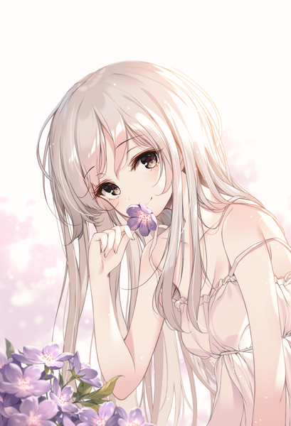 Anime picture 736x1080 with original yaya (yayaa 00) single long hair tall image looking at viewer blush fringe breasts simple background smile bare shoulders holding brown eyes silver hair upper body head tilt leaning leaning forward strap slip