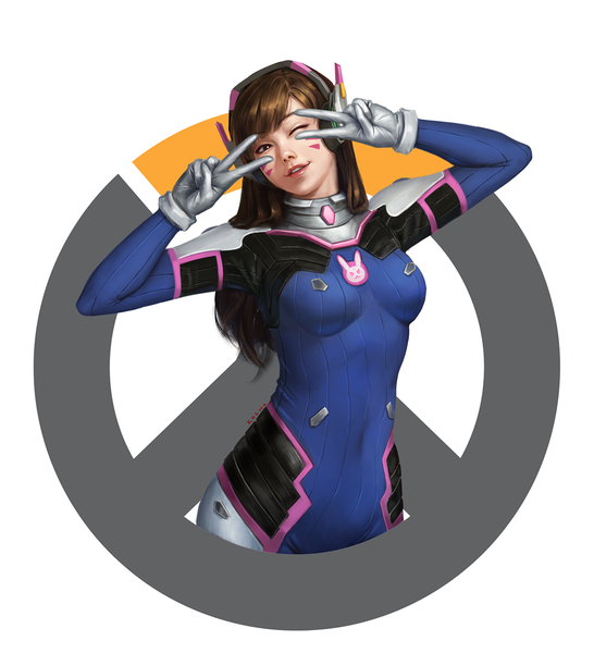 Anime picture 1200x1319 with overwatch blizzard entertainment d.va (overwatch) triximity single long hair tall image looking at viewer fringe breasts smile brown hair brown eyes upper body parted lips head tilt one eye closed wink realistic covered navel