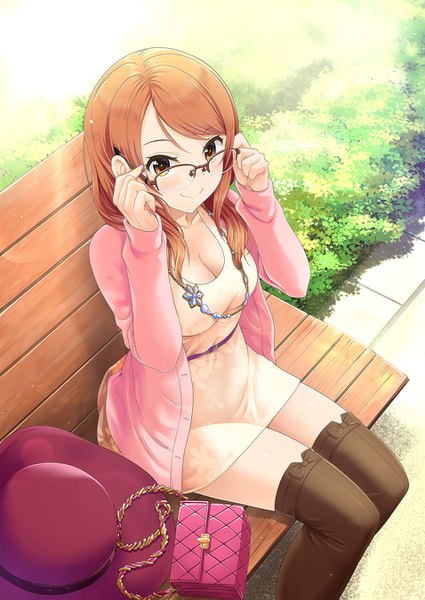 Anime picture 956x1350 with idolmaster idolmaster cinderella girls houjou karen kazu single long hair tall image looking at viewer blush smile brown hair sitting brown eyes cleavage from above hat removed adjusting glasses glimmering moment girl dress