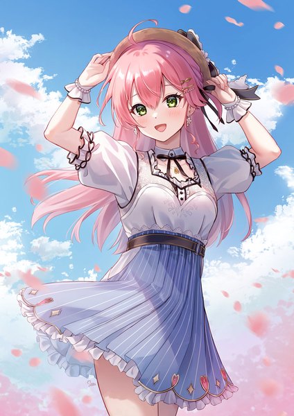 Anime picture 800x1131 with virtual youtuber hololive sakura miko sakura miko (street) sebu illust single long hair tall image fringe hair between eyes green eyes looking away pink hair sky cloud (clouds) outdoors wind arms up cherry blossoms official alternate costume