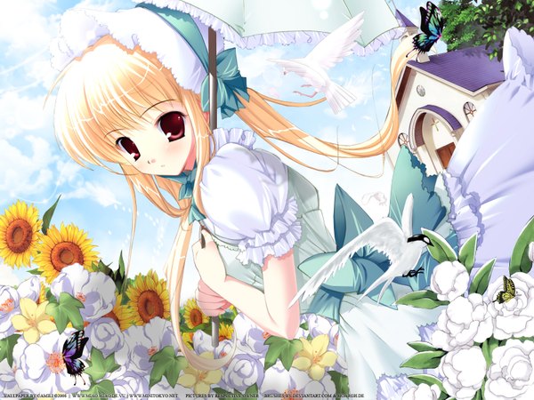 Anime picture 1600x1200 with mikeou single long hair looking at viewer fringe blonde hair red eyes standing holding payot sky cloud (clouds) outdoors sunlight short sleeves girl dress flower (flowers) bow animal