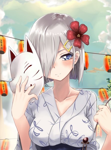 Anime picture 2203x2969 with kantai collection hamakaze destroyer ivan wang single tall image looking at viewer blush fringe highres breasts blue eyes smile holding sky silver hair cloud (clouds) upper body traditional clothes head tilt japanese clothes
