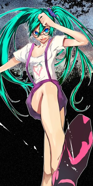 Anime picture 1000x2000 with vocaloid hatsune miku tcb (pixiv) single long hair tall image fringe open mouth blue eyes twintails aqua hair alternate costume girl hair ornament glasses shorts boots t-shirt