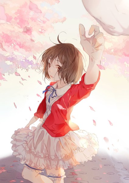 Anime picture 1000x1414 with saenai heroine no sodatekata a-1 pictures katou megumi yuxia xianyin single tall image looking at viewer short hair brown hair brown eyes parted lips from above cherry blossoms outstretched arm frilled dress hat removed girl thighhighs dress plant (plants)